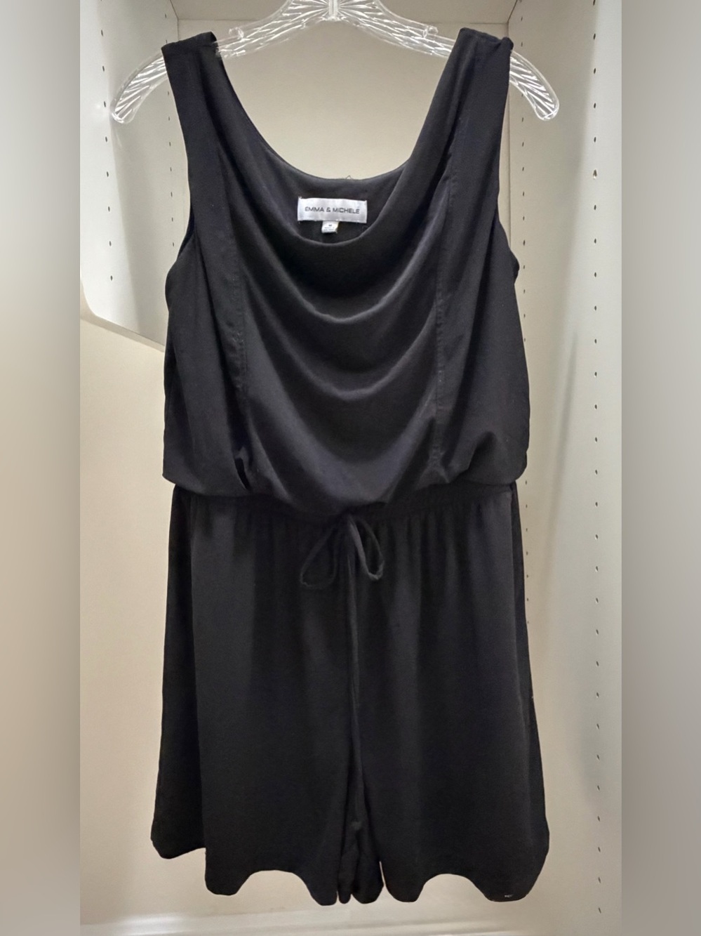 Emma & Michele black shorts jumpsuit with cowl neck, size M